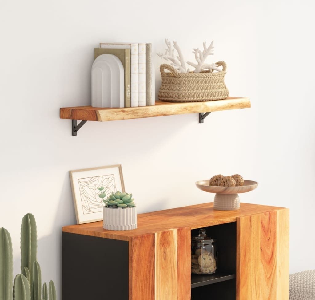 CLORIS Wandregal 90x20x2,5 cm Rechteckig Massivholz Akazie Baumkante, 5,51 kg