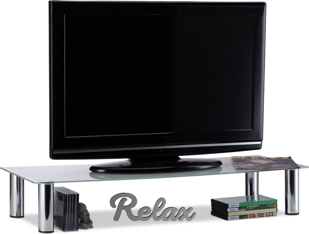 Tavolino TV Relaxdays in vetro, gambe in metallo cromato, Immagine del prodotto 