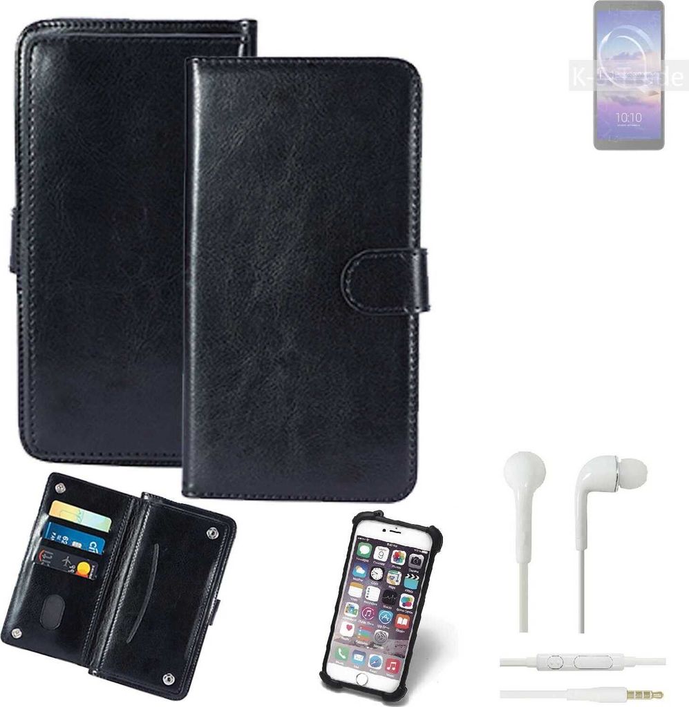 K-S-Trade 360° Hülle kompatibel mit Alcatel 3C (2019) inkl. Headphones schwarz Kunstleder Case BookCase WalletCase Kunstlederederhülle Handyhülle,