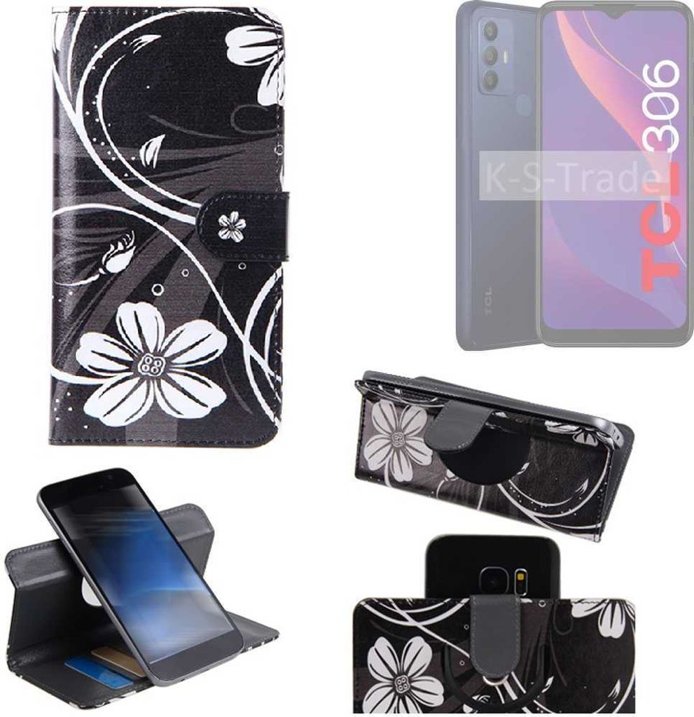 K-S-Trade Schutzhülle Handyhülle kompatibel mit TCL 306 Hülle 360° Wallet Case “Flowers“ Klapphülle Hülle schwarz-weiß 1x