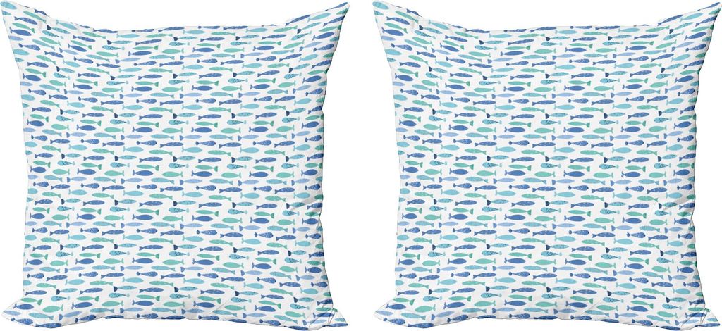 ABAKUHAUS Fisch Kissenbezug Set (2Stück), Doodle Art-Baby-Fische mit Blumen Details Schwimmen im Aquarium Konzept, 40 x 40 cm, Blau Türkis Weiß
