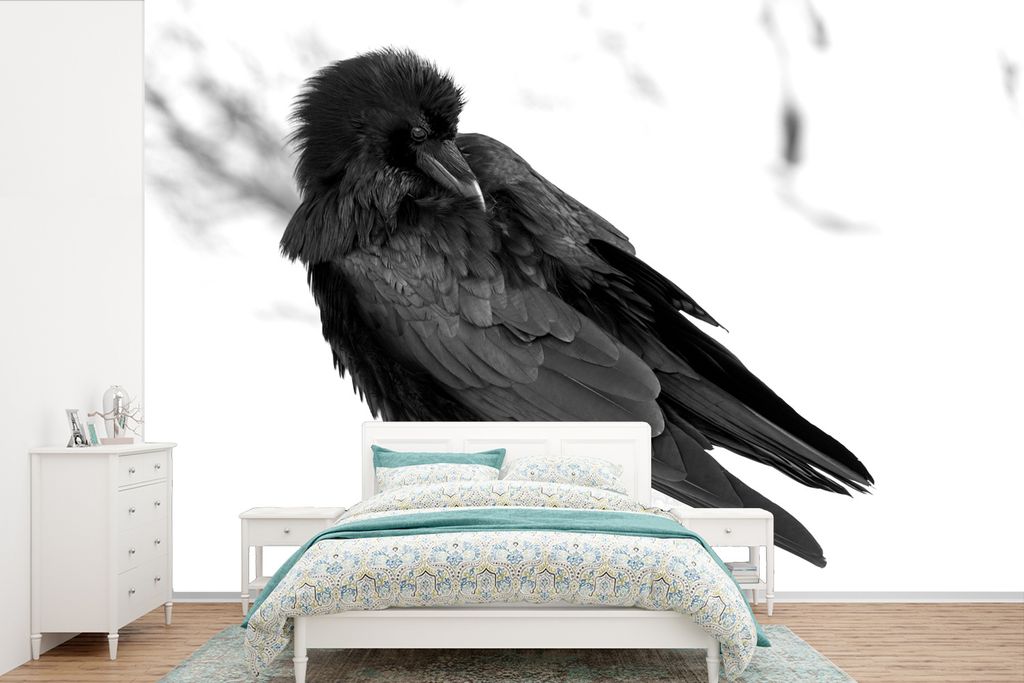 MuchoWow Fototapete für Wohnzimmer oder Schlafzimmer Wandtapete Vinyl Motivtapete Schwarzer Rabe ruhend im Schnee - schwarz und weiß - 330x220 ...