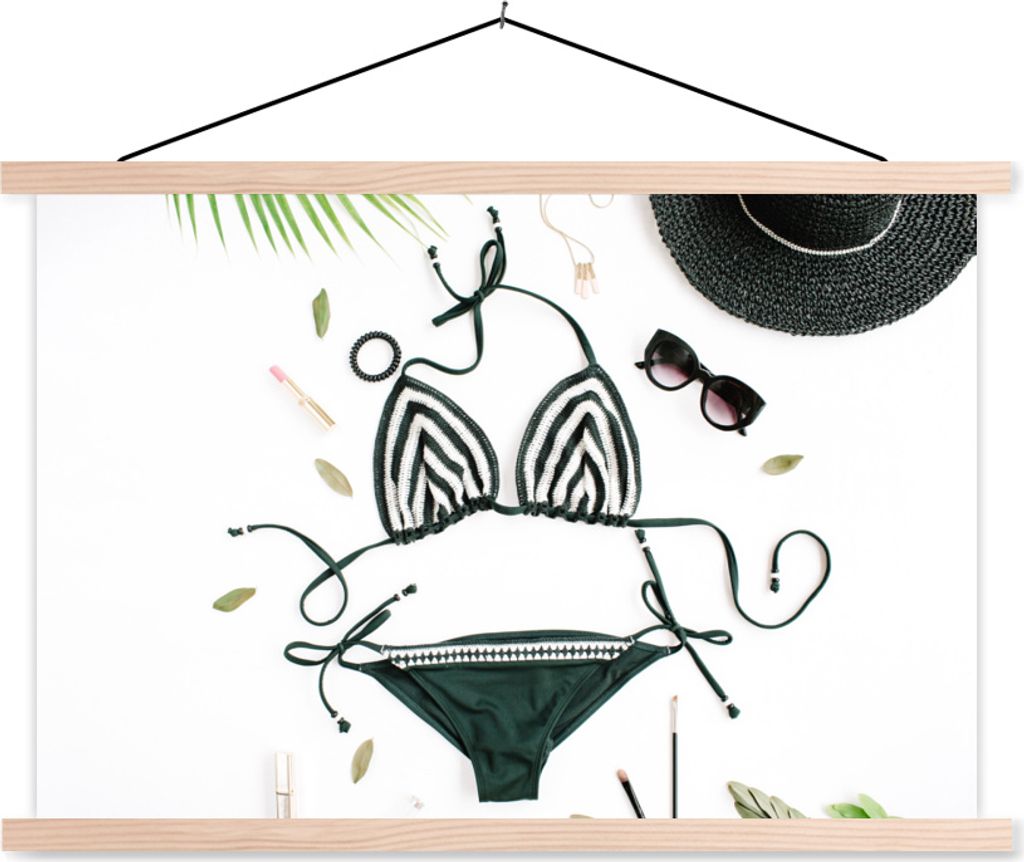 MuchoWow Textilposter Bikini - Schwarz - Hut 150x100 cm mit holzfarbenen Rahmen - Posters