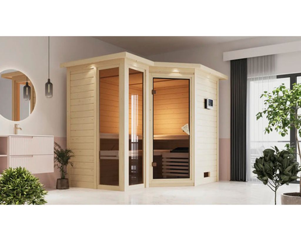 Elementsauna Karibu Limonit ohne Ofen mit Dachkranz und bronzierter Ganzglastüre