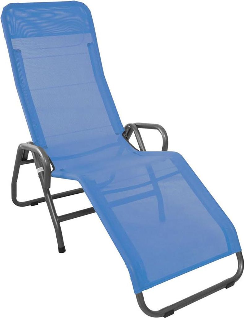 A blue mesh chaise lounge chair with a gray metal frame, shown on a white background.