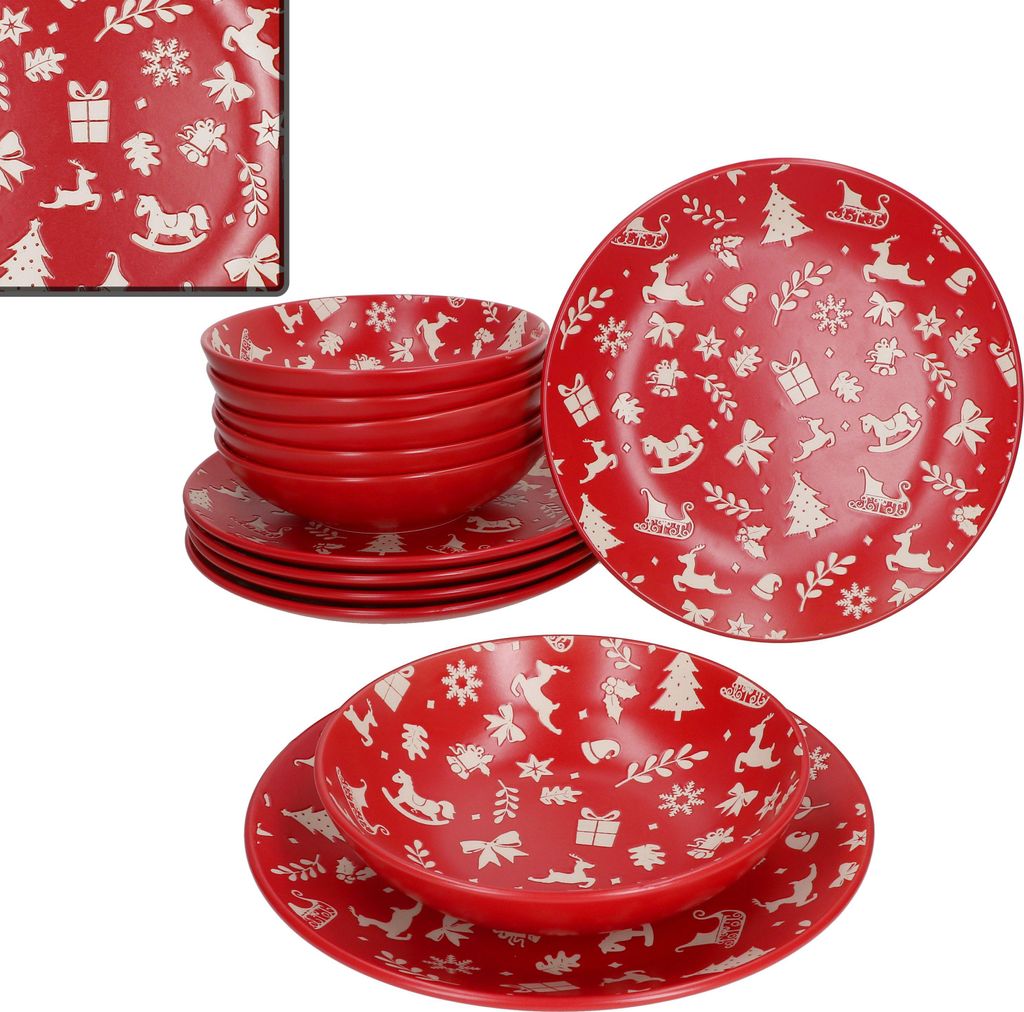 A set of red Christmas-themed dinnerware, including plates and bowls, is displayed against a white background.