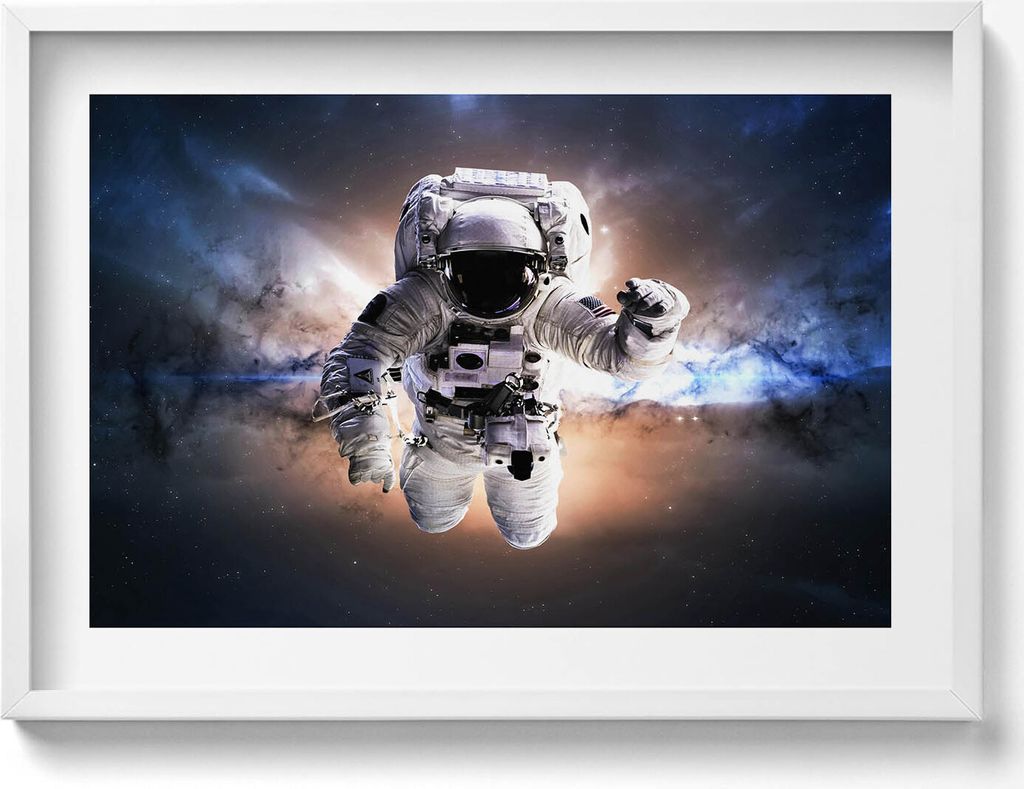 Astronaut im Weltraum– Wandbild mit Rahmen – Gerahmtes Bild – Wanddekoration – 70x50 cm – Weiß Rahmen