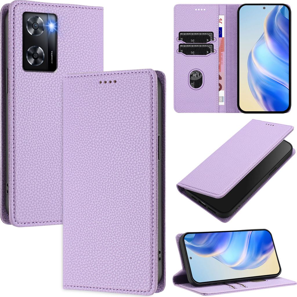 Litchi Leder Handyhülle für Oppo A57 4G/A77 4G/A57S/A57e/A77S Wallet Kartenfächer Standfunktion Hülle Violett