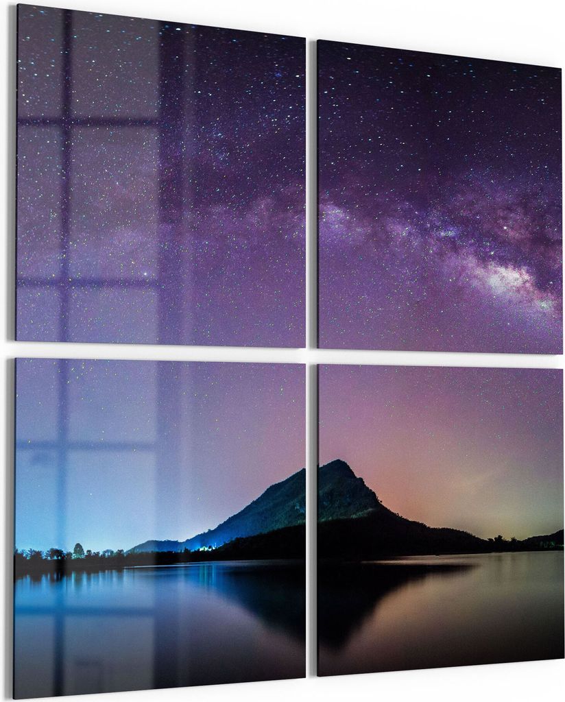 DEQORI Glasbild Echtglas 4x50x50 cm 'Bergkulisse unter Sternen' Wandbilder XXL groß