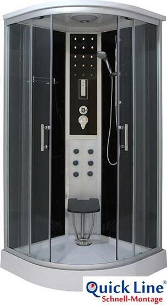 A modern, enclosed shower cabin with multiple features.