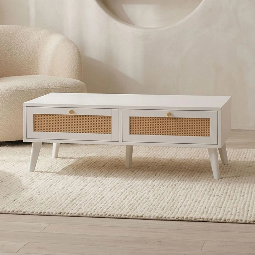 Table basse rectangulaire blanche Dalgora 120cm avec tiroirs de rangement