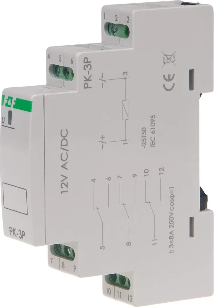 Relais triphasé 3P 8A 12V AC/DC compact PK-3P pour montage modulaire