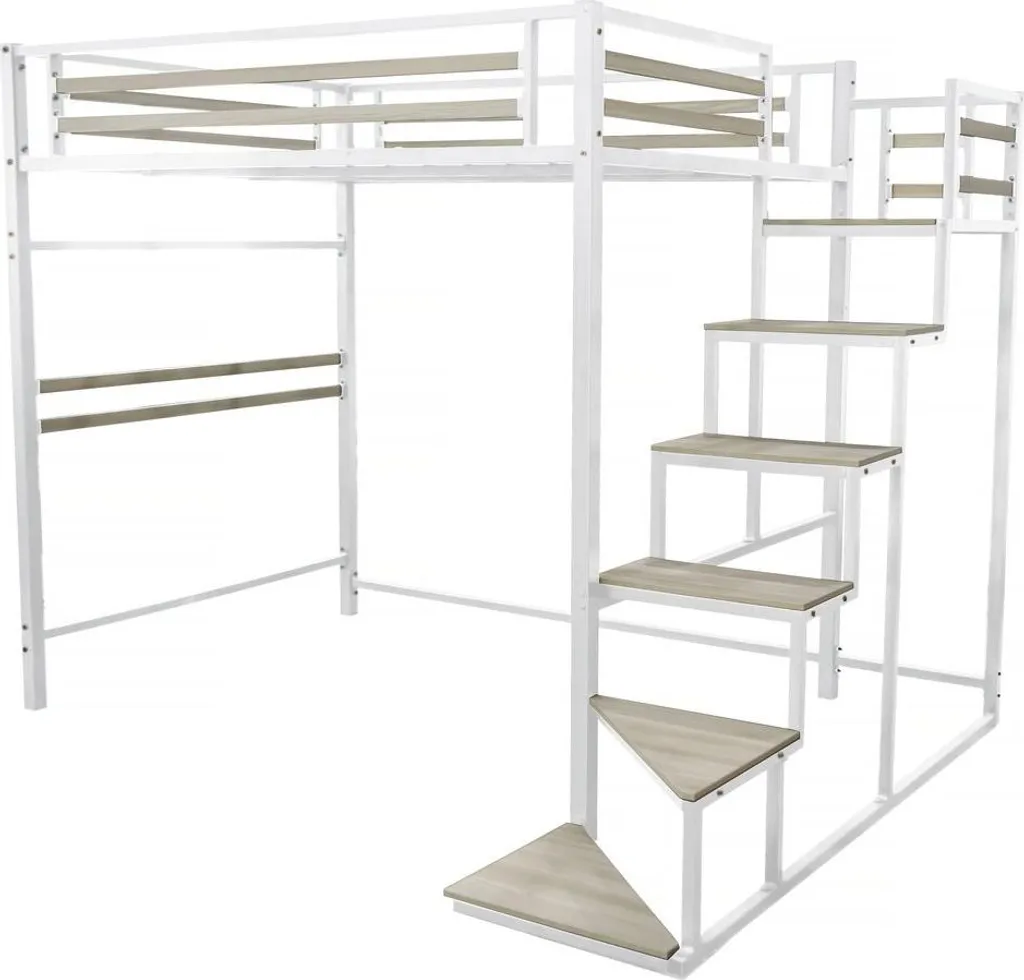 Lit mezzanine métal blanc LENA 140x190 cm avec escalier ultra stable