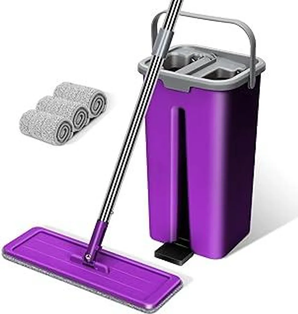 Set di mop Masthome con secchio, set di spazzolone piatto e secchio, 3 testine in microfibra, set di secchio con manico in acciaio inossidabile, spazzolone con funzione di strizzatura, spazzolone per la pulizia dei pavimenti
