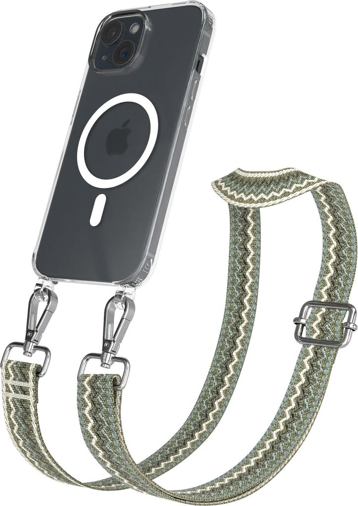 EAZY CASE - Handykette mit MagSafe Hülle für Apple iPhone 15, Handyband Wave Style, Karabiner Silber, Umhängeband in Grün