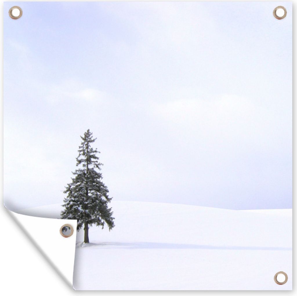 MuchoWow 100x100 cm Outdoor-Poster Gartendeko Sichtschutz Garten Poster für den Garten Eine verschneite Lücke mit einer Kiefer