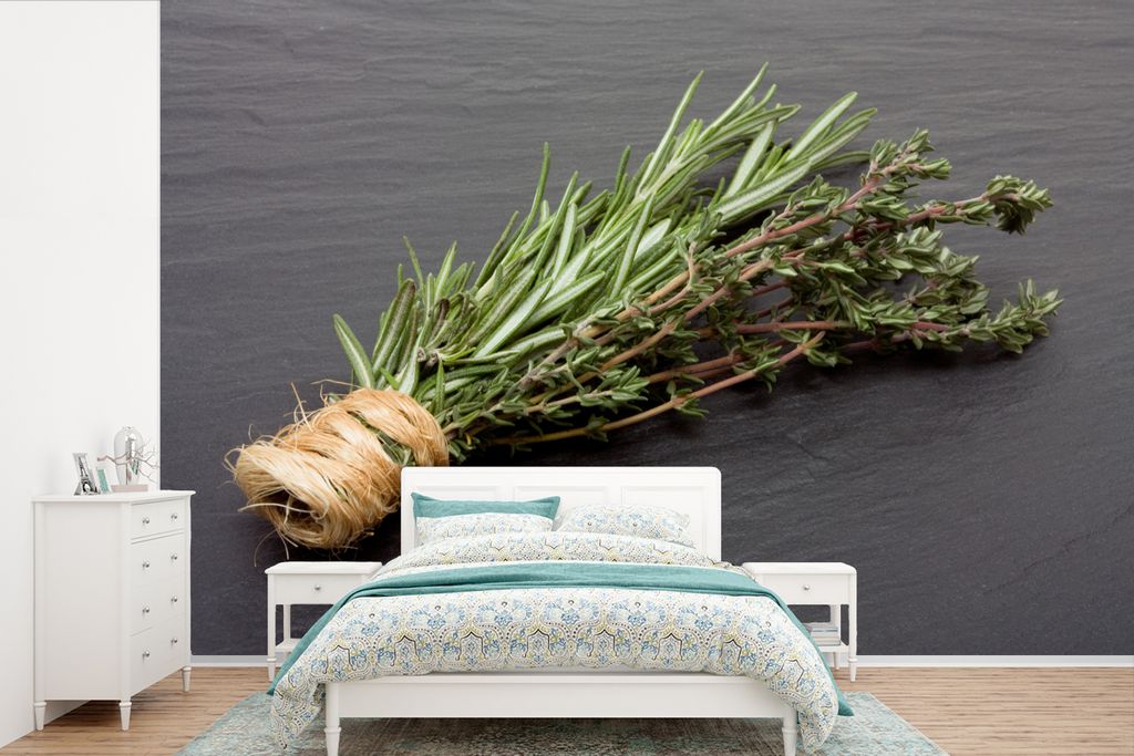 MuchoWow Fototapete für Wohnzimmer oder Schlafzimmer Wandtapete Vinyl Motivtapete Thymian - Kräuter - Grün - Tisch - Küche - Stein - 600x400 ...