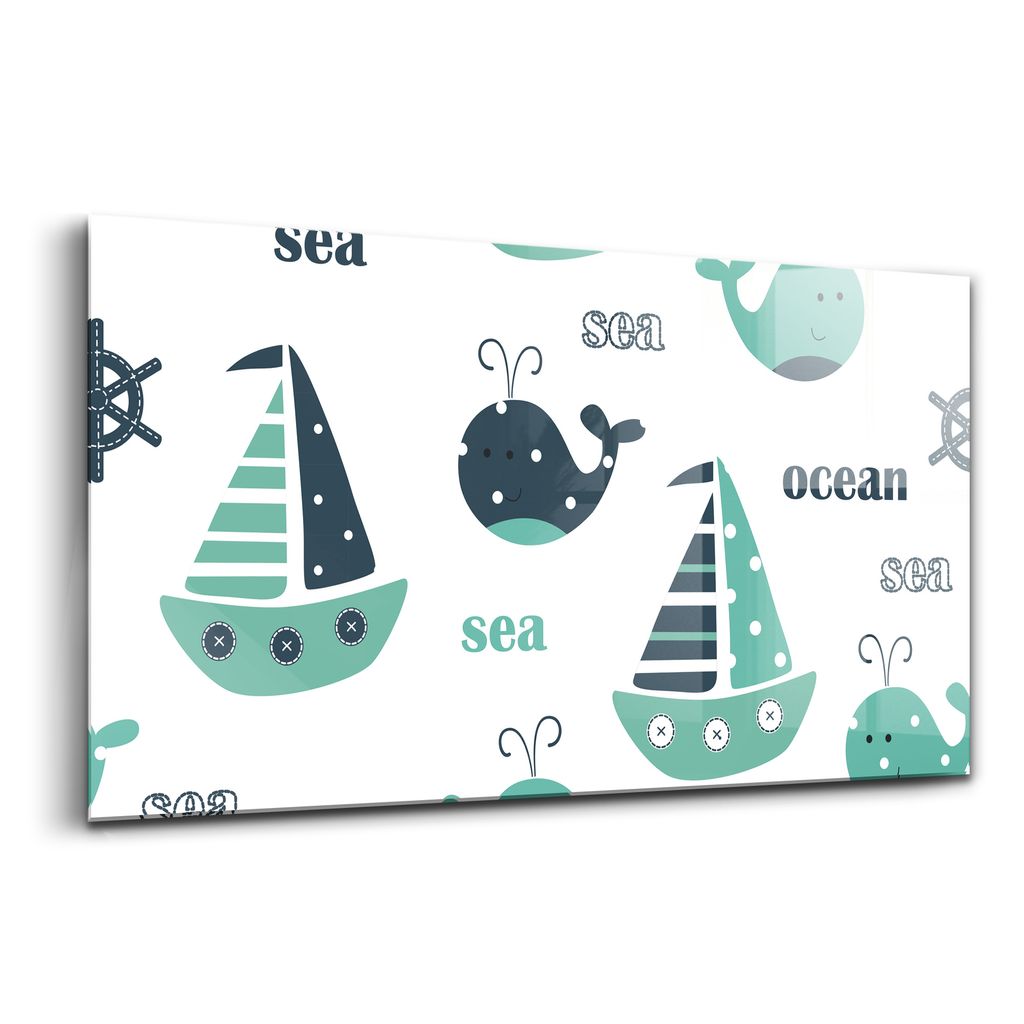 Glasmalerei - dekorative Malerei - moderne Malerei - 140x70 - Schöne Wale und Segelschiffe