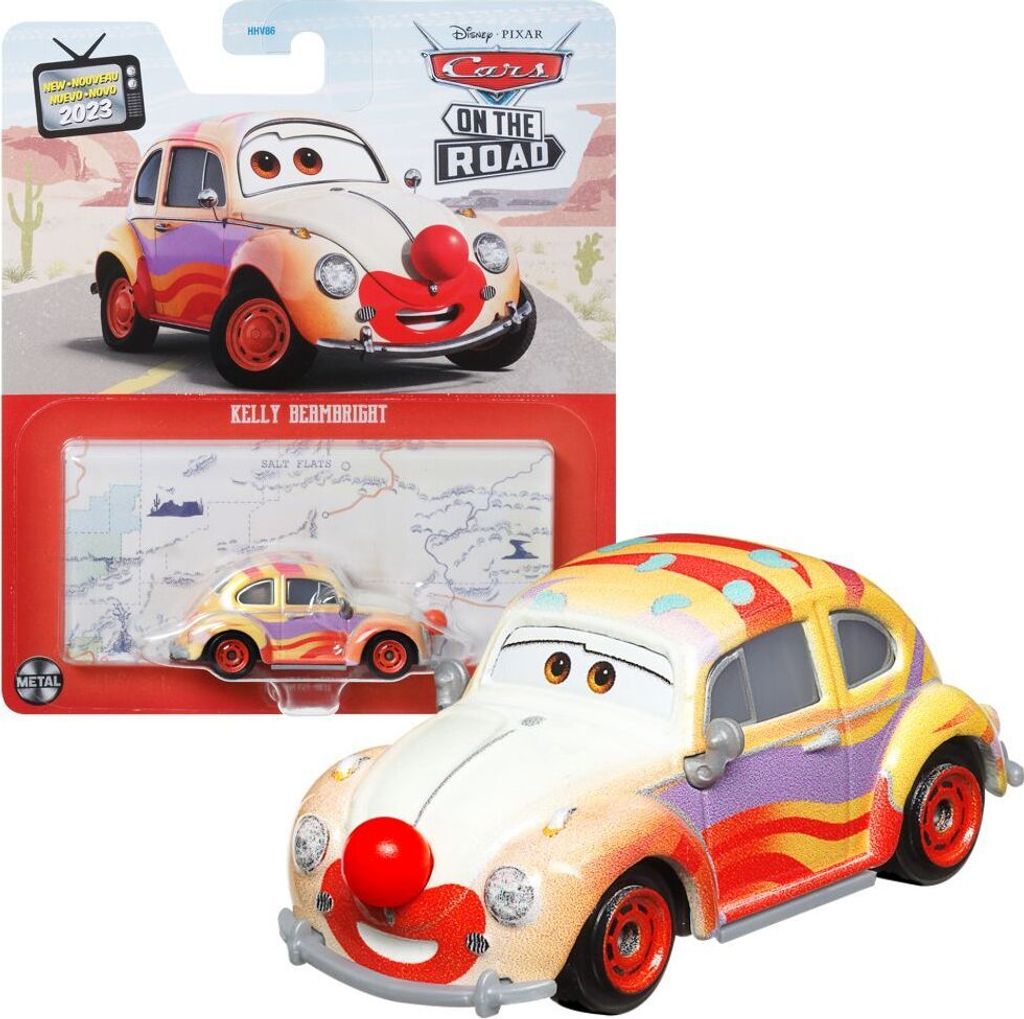 Mattel HKY31 Disney Pixar Cars On The Road Kelly Beambright Clownsnase gestreift Spielzeugauto Modell Fahrzeug Actionauto 6 cm Maßstab 1:55