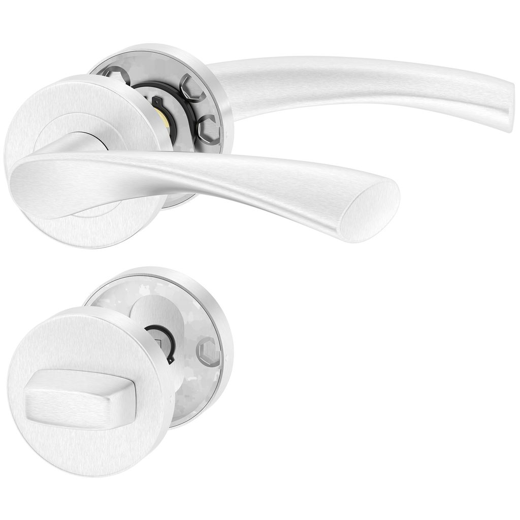 Two door handles and a lock mechanism are shown against a white background.