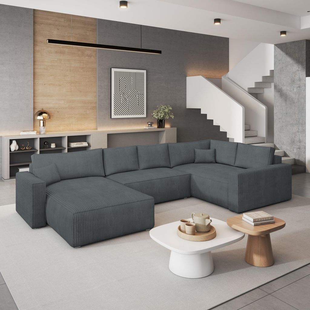 Masseno Ecksofa VELAMI R-S mit Schlaffunktion U-Form, Sofa mit Bettkasten, Wohnzimmersofa, Couch, Soffa, Bettsofa, Couchgarnitur- Grau, POSO 60