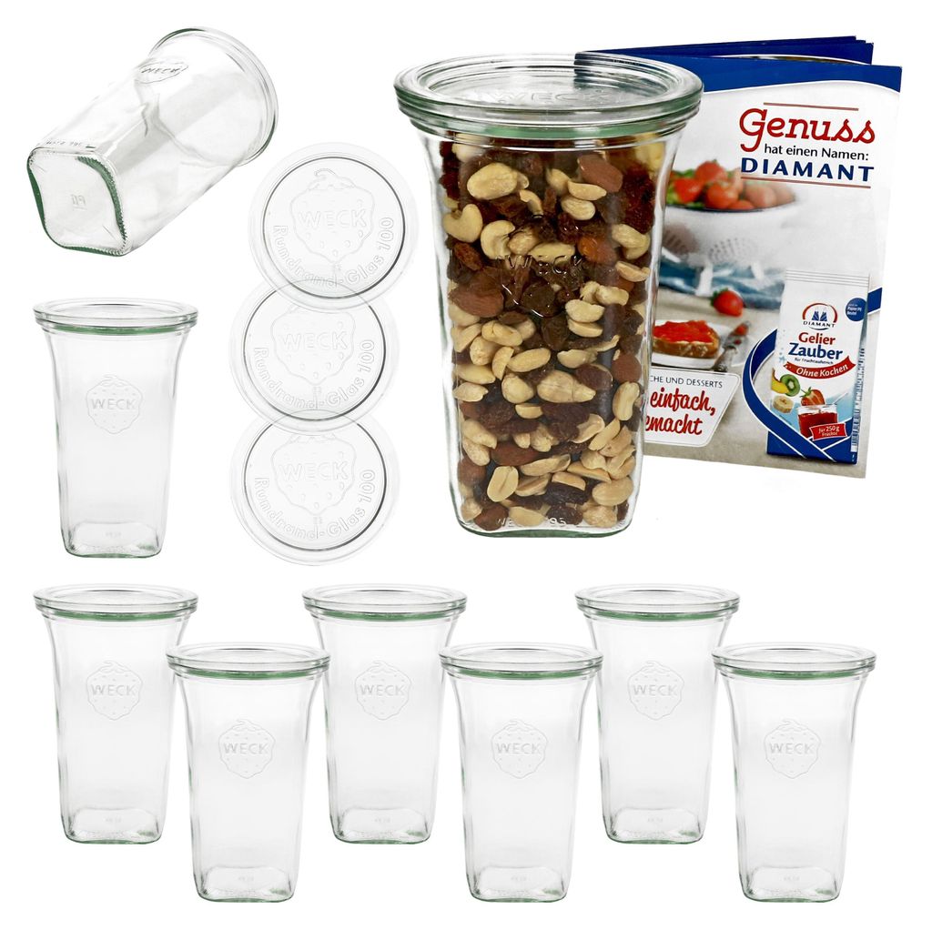 9er Set WECK Quentin Glas 795ml + 9x Glas-Deckel + Heft I Sturz-Form Einmachen