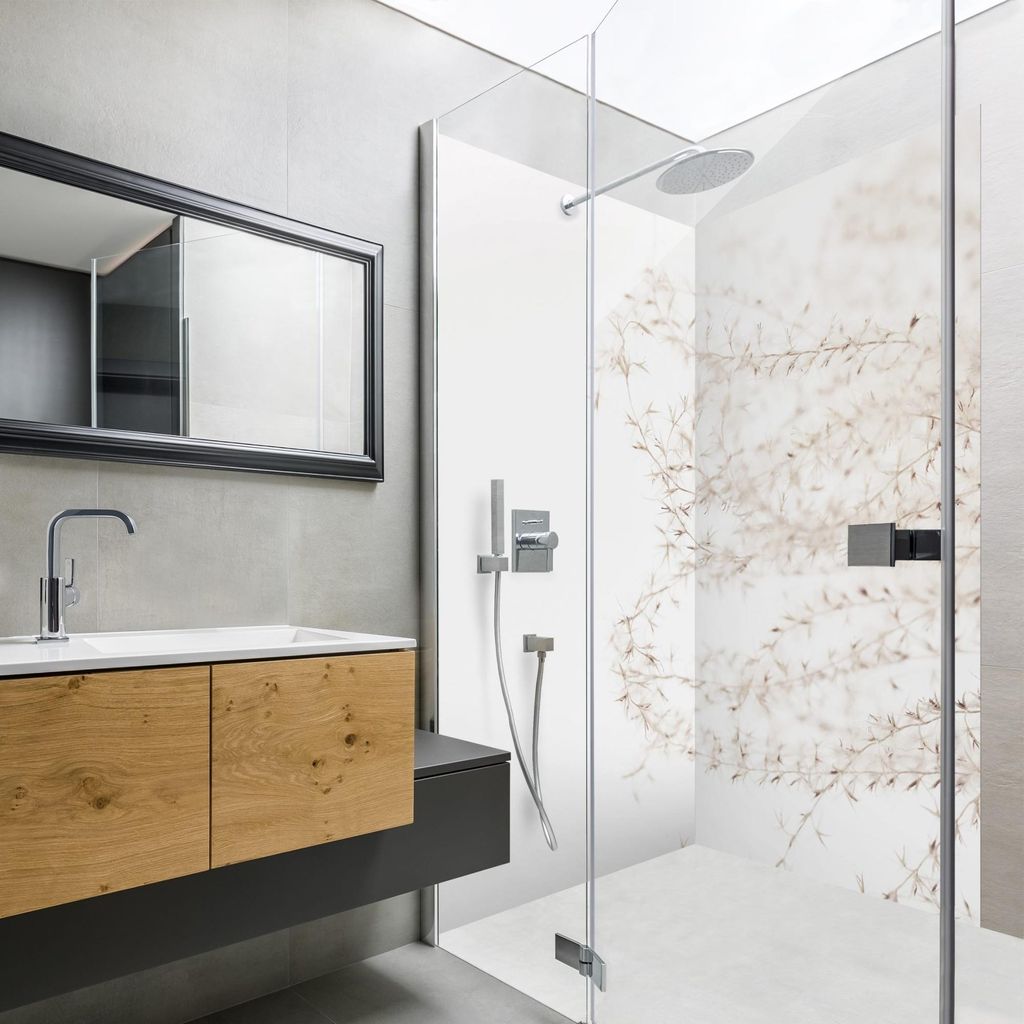 Duschrückwand mit Motiv selbstklebend - 0.35 mm Wandpaneel wasserfest Gräser beige Landhaus Badrückwand fugenlos Smart matt 80x210 cm
