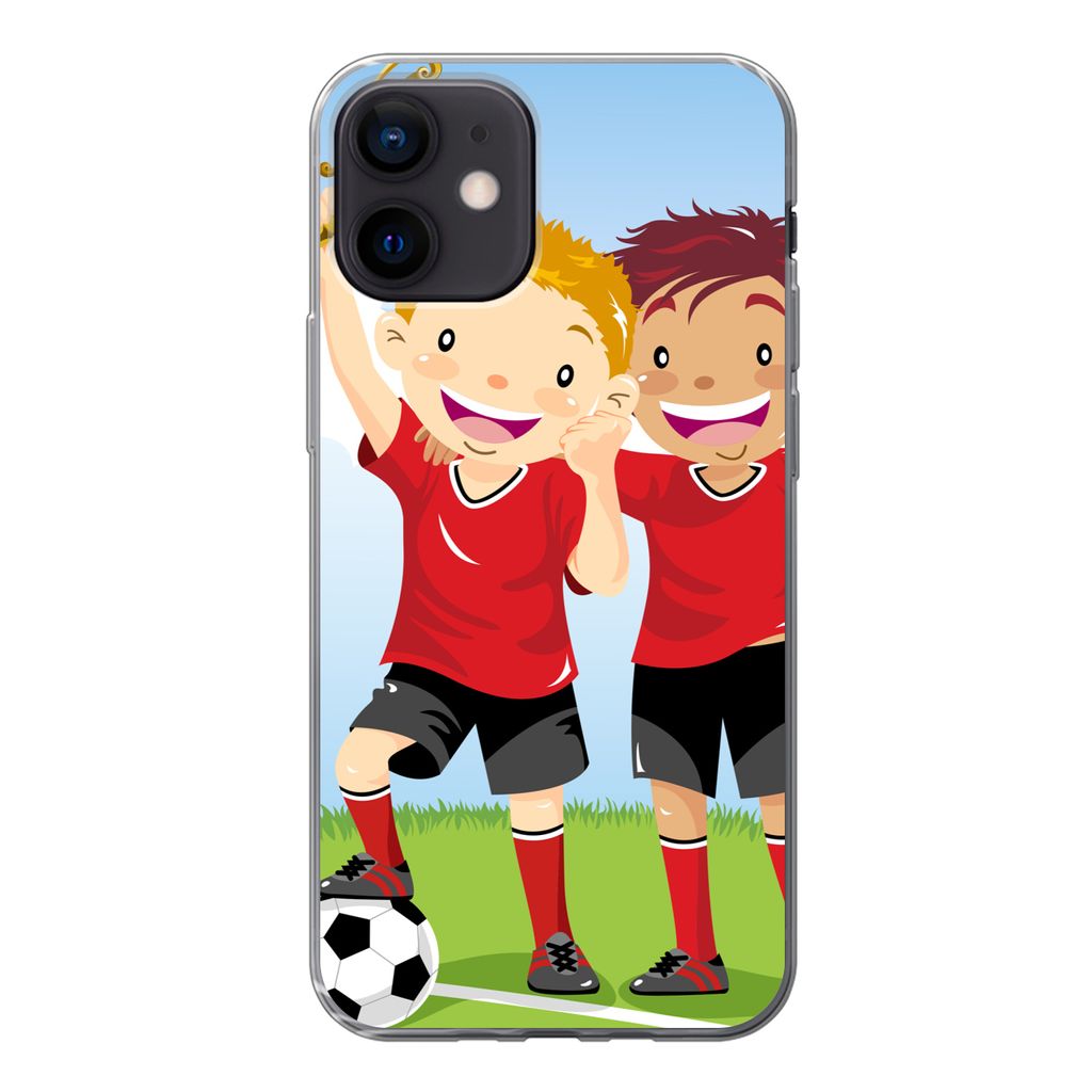 MuchoWow Handyhülle Schutzhülle Hülle für iPhone 12 Eine Illustration von zwei Fußballspielern, die einen Preis gewonnen haben - Jungen - M...