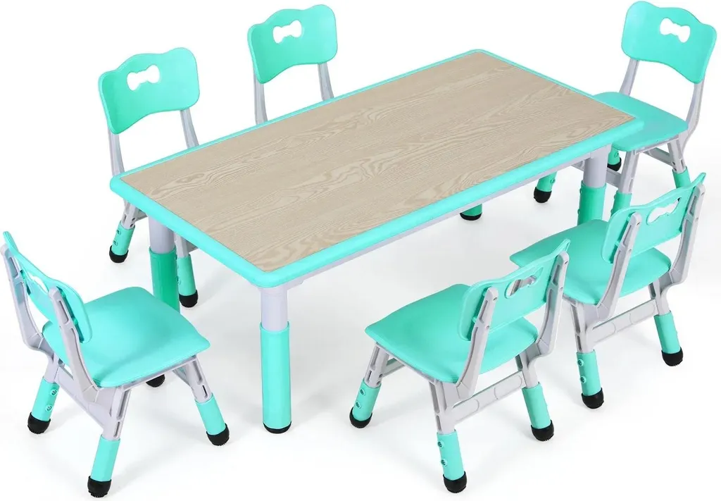 Table pour enfants avec 6 chaises 120x60 cm réglable en hauteur verte