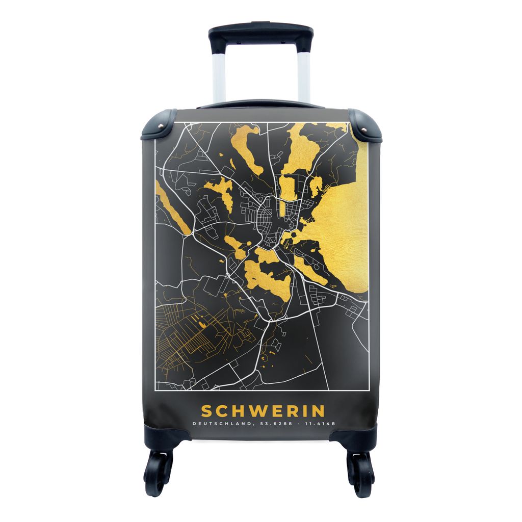 MuchoWow Koffer Handgepäck Trolley Rollkoffer Kleine Reisekoffer mit 4 Rollen - Schwerin - Stadtplan - Karte - Deutschland - Gold - Cabin Size <...