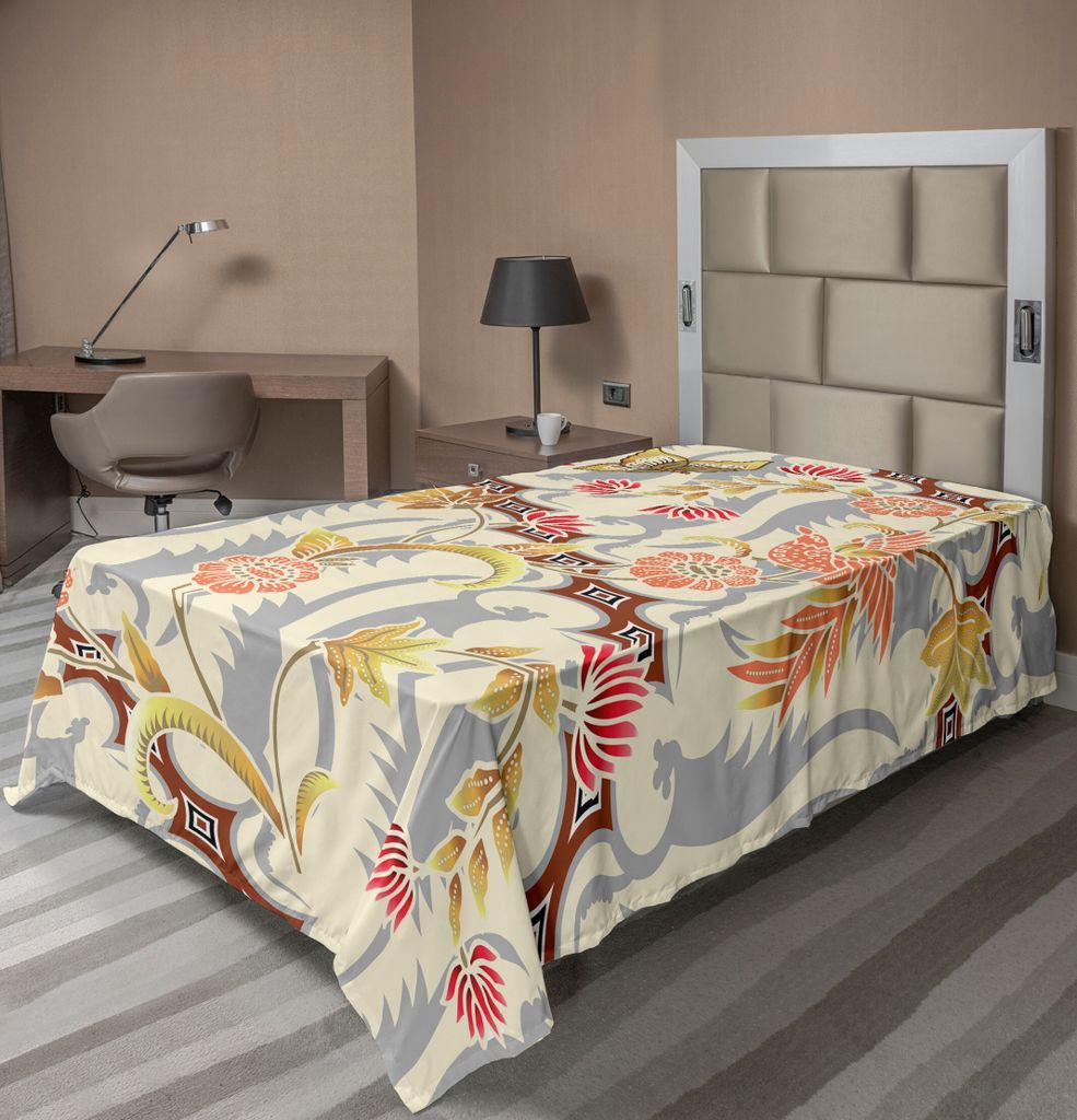 ABAKUHAUS Batik Bettlaken, Japanischer Garten inspirierte wirbelnde Frühlings-Blumen entwerfen in den weichen Farben Illustration, weiches bequeme...