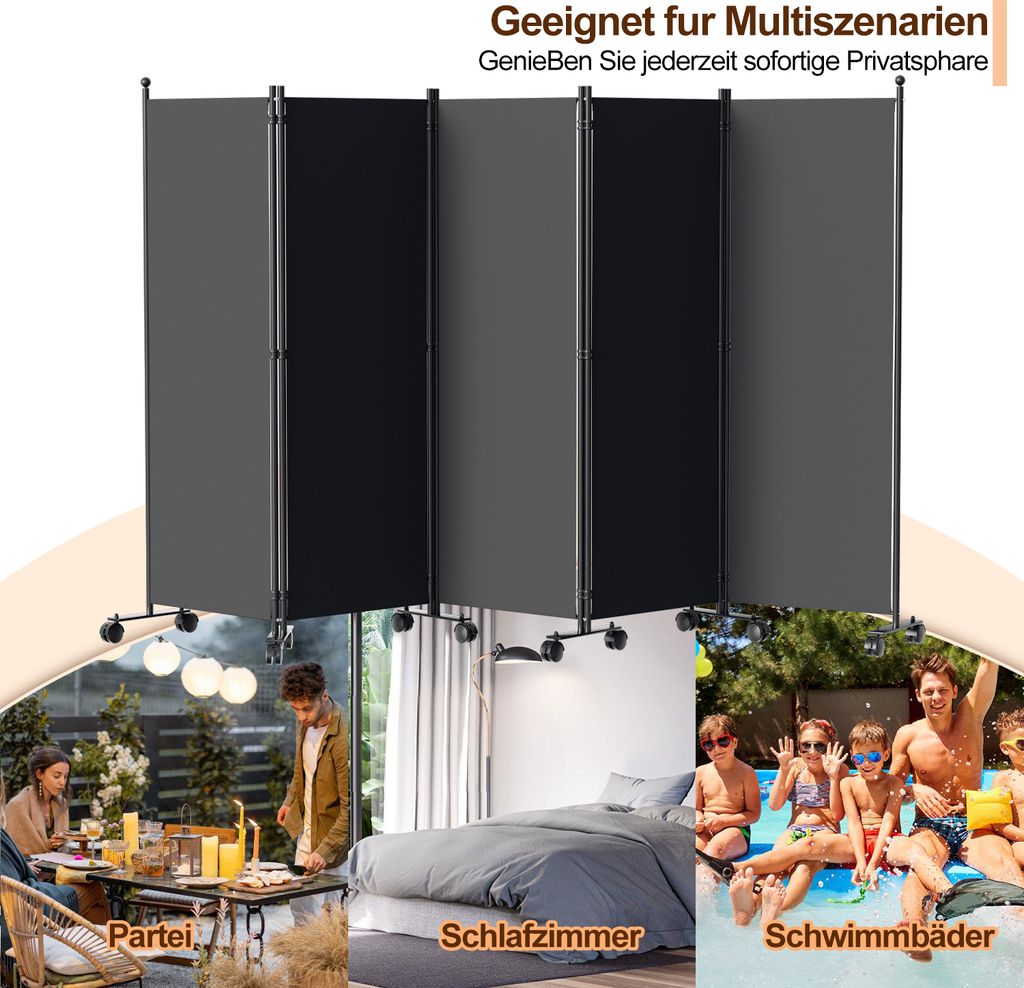 Paravent 3-teilig 263x181cm - Raumteiler Mit Rollen Für Indoor