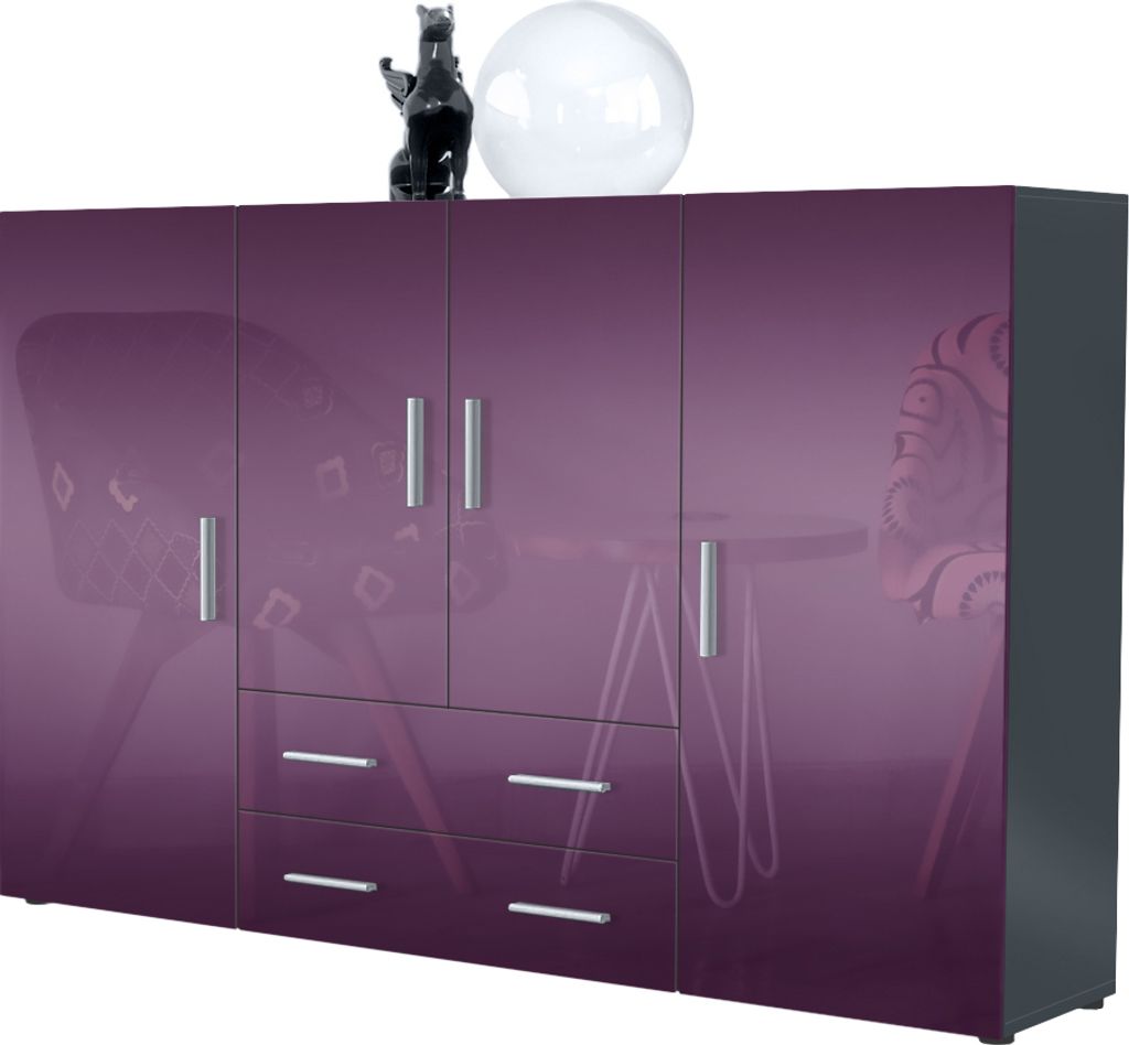 Vladon Highboard Nora Anrichte mit 2 Schubladen und 4 Türen mit insgesamt 8 Fächer dahinter, Anthrazit matt/Brombeer Hochglanz (166,5 x 106,5 x 3...