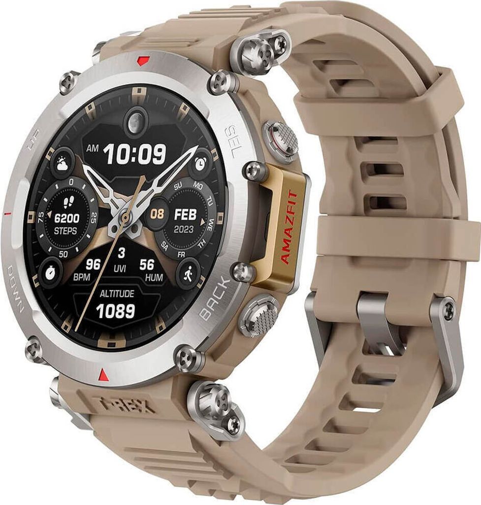 A smartwatch with a beige strap and a silver bezel, displaying time and health metrics.