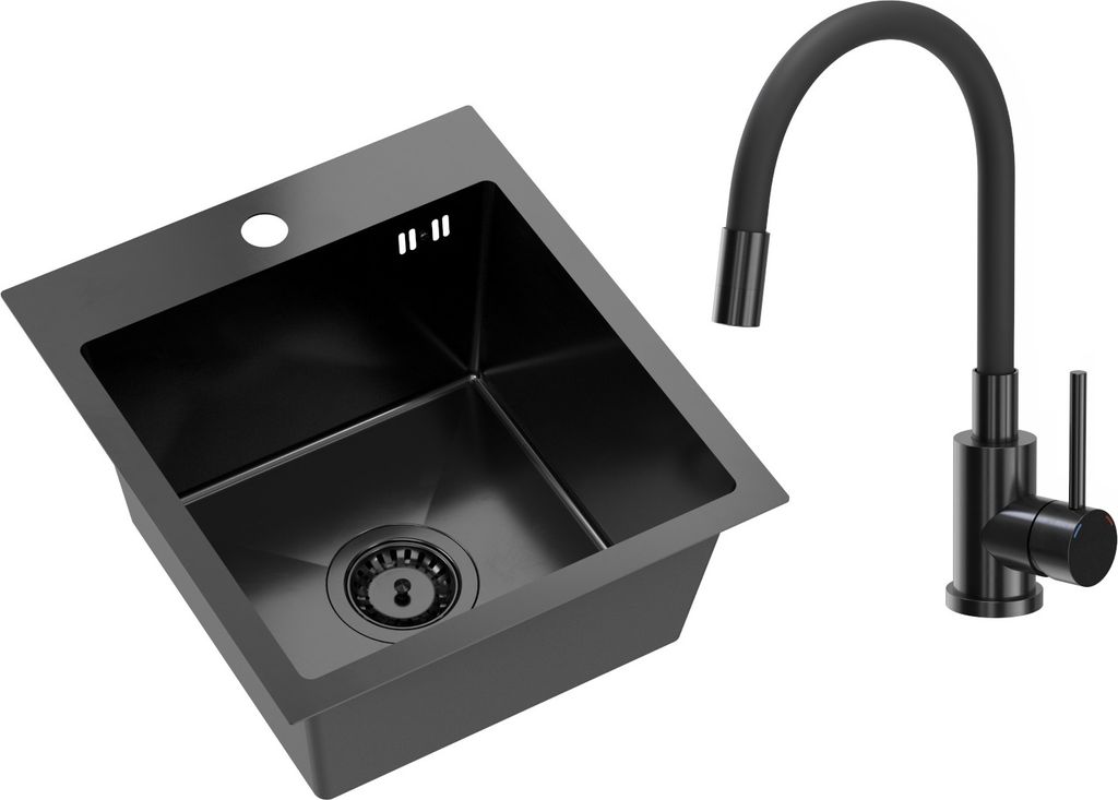 VBChome Edelstahlspüle mit Armatur 40 x 45 cm Schwarz Edelstahl Einbauspüle mit Hahnloch Edelstahl Küchenspüle Spüle Groß Becken Ablaufgarnit...