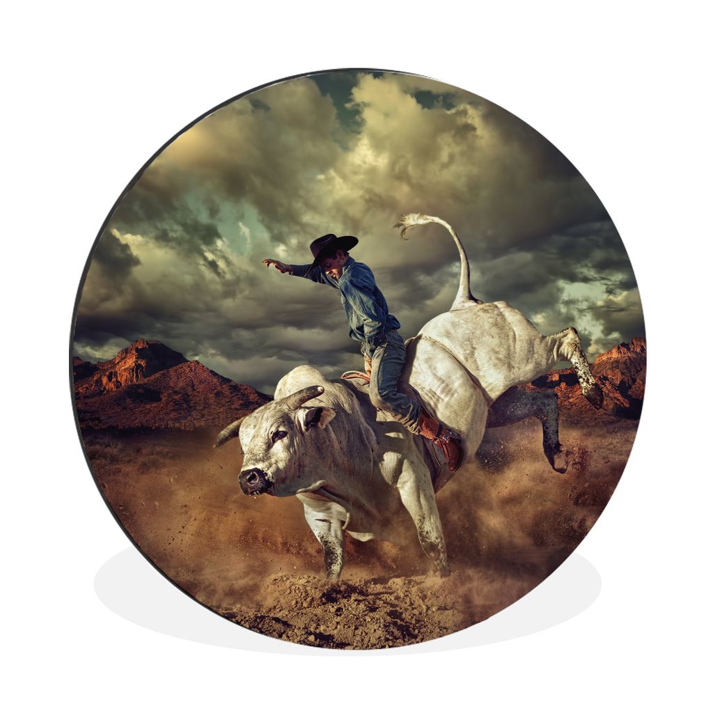 MuchoWow Aluminium Wandkreis Cowboy auf einem Stier bei einem Rodeo Ø 30 cm Wanddeko Modern Wohnzimmer - Wand Bild - Wohnzimmer - Runde Bilder -...