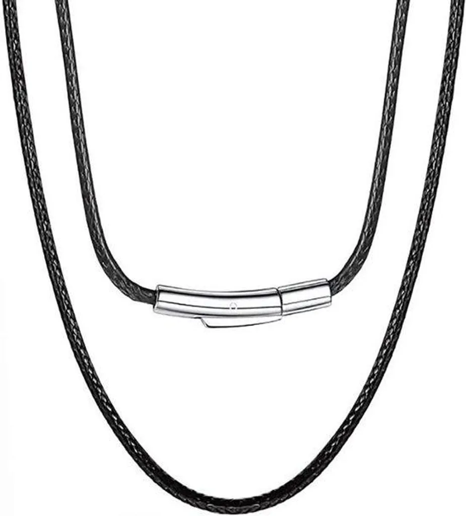 Collier noir 3 mm avec maillon similicuir et acier inoxydable 45 cm