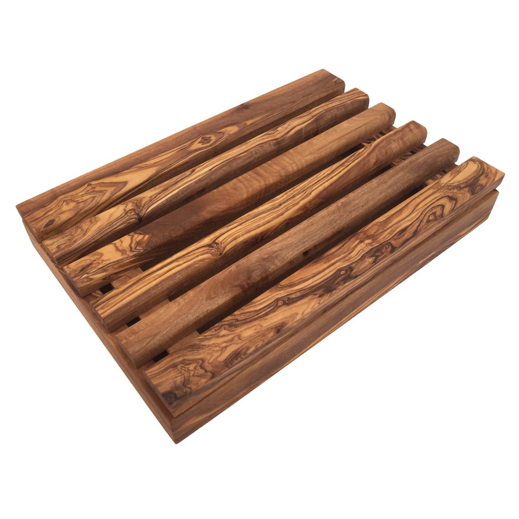 Brotschneidebrett mit Krümelfach "Bread Bed" L 30 cm, aus Olivenholz