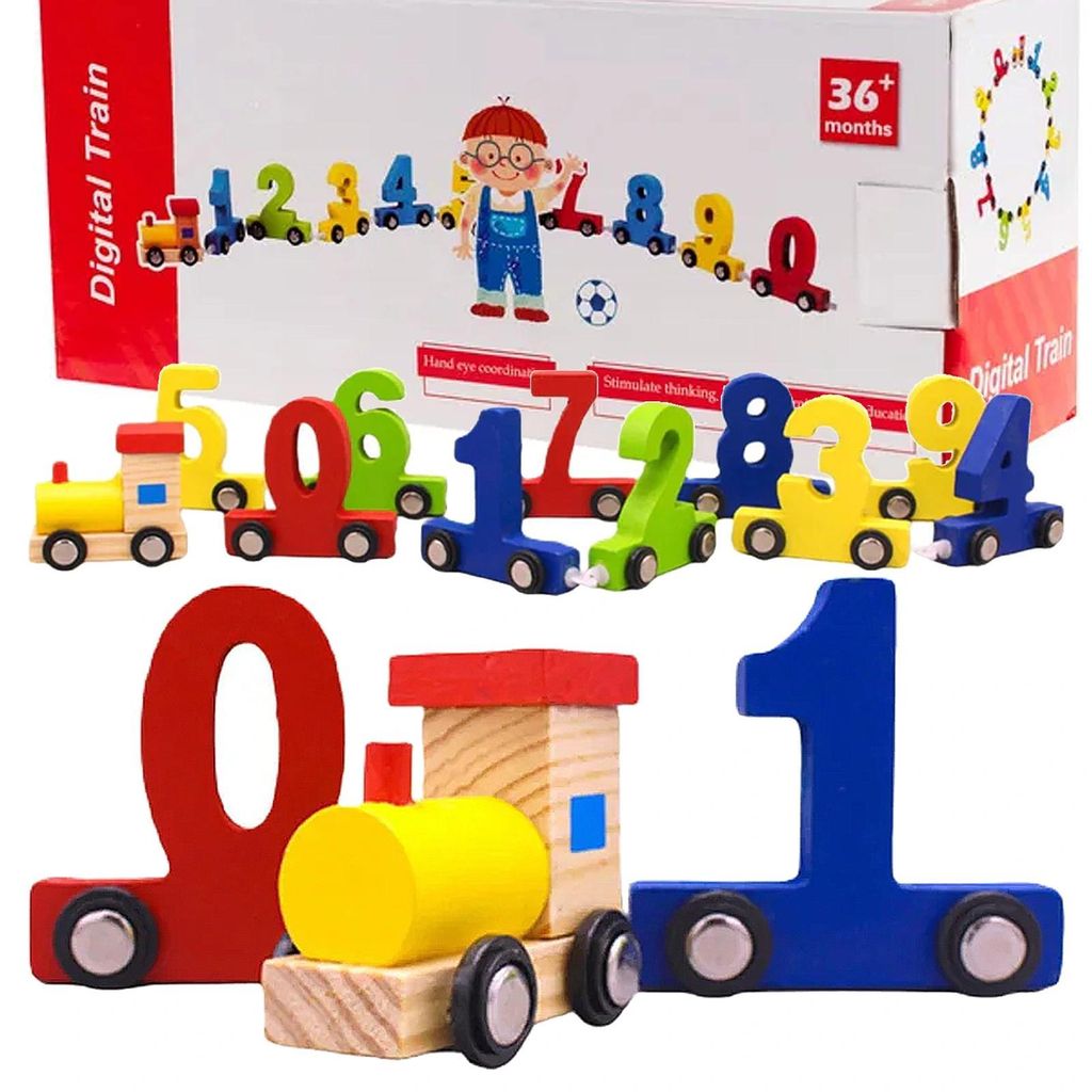 Holzzug Lernzug Zahlenzug Holzspielzeug Kinder Eisenbahn mit Zahlen Lokomotive Waggons ab 3 Jahren
