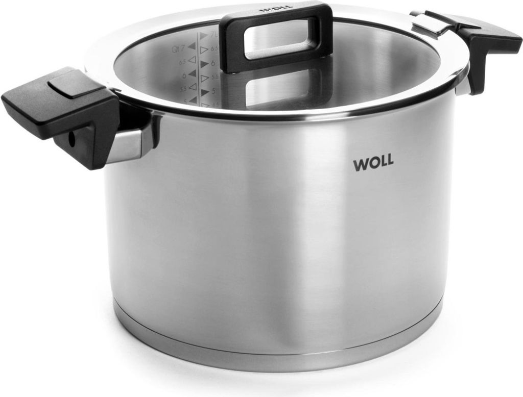 A stainless steel pot with a glass lid and black handles, shown from a slightly elevated side angle against a white background.