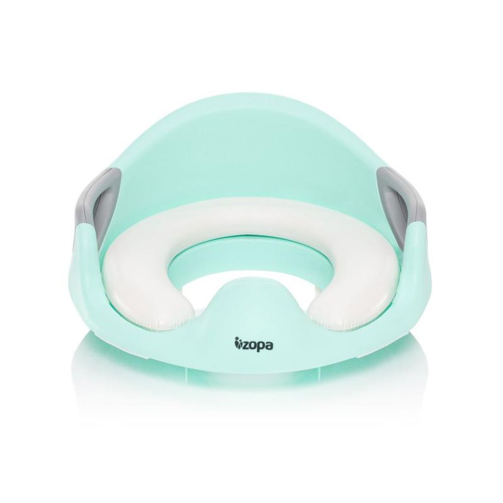 A mint green and gray toilet seat for children, with a white padded insert.