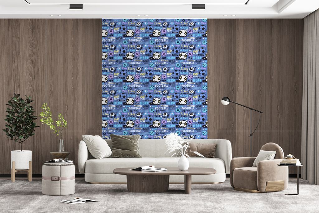 MuchoWow Fototapete für Wohnzimmer oder Schlafzimmer Wandtapete Vinyl Motivtapete Muster - Fußball - Blau - Jungen - Kinder - Kleiner Junge - 1...