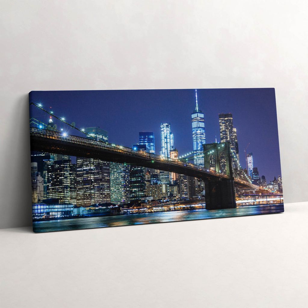 Brooklyn Bridge in New York bei Nacht – Leinwandbild Wandbild – 120x60 cm – Leinwandbilder – Wandbilder – Schlafzimmer – Flur