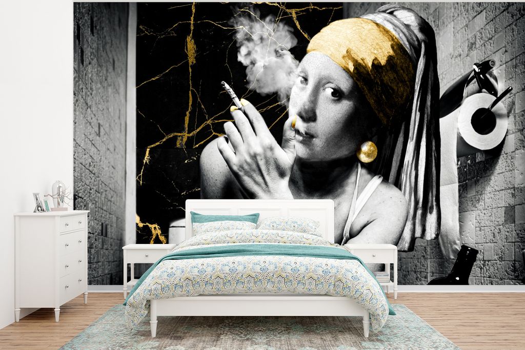 MuchoWow Fototapete für Wohnzimmer oder Schlafzimmer Wandtapete Vinyl Motivtapete Marmoroptik - Mädchen mit Perlenohrring - Zigaretten - Toilet...