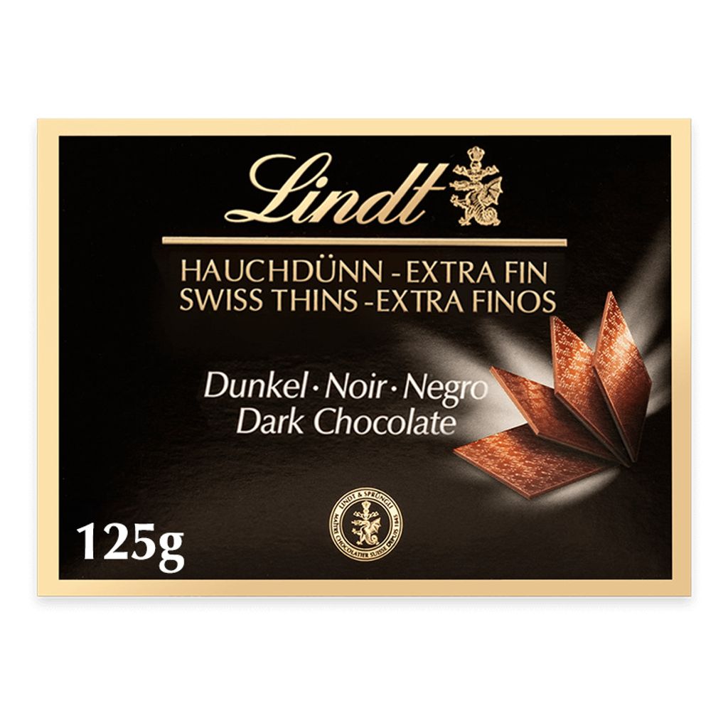 A product shot of Lindt dark chocolate thins packaging.
