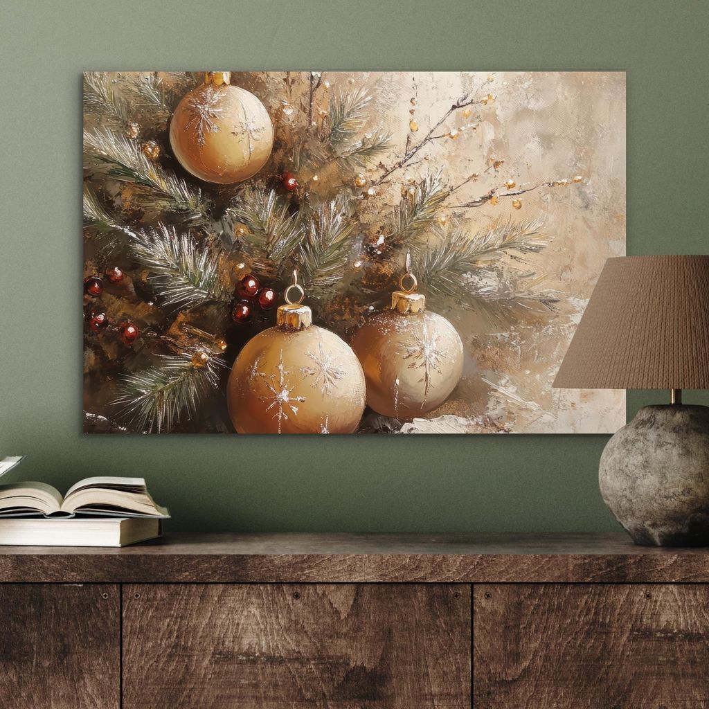 MuchoWow Wanddekoration Metall Metallbild Wandkunst 60x40 cm Weihnachten - Kugeln - Beige - Gold MuchoWow Aluminium Gemälde - Gemälder