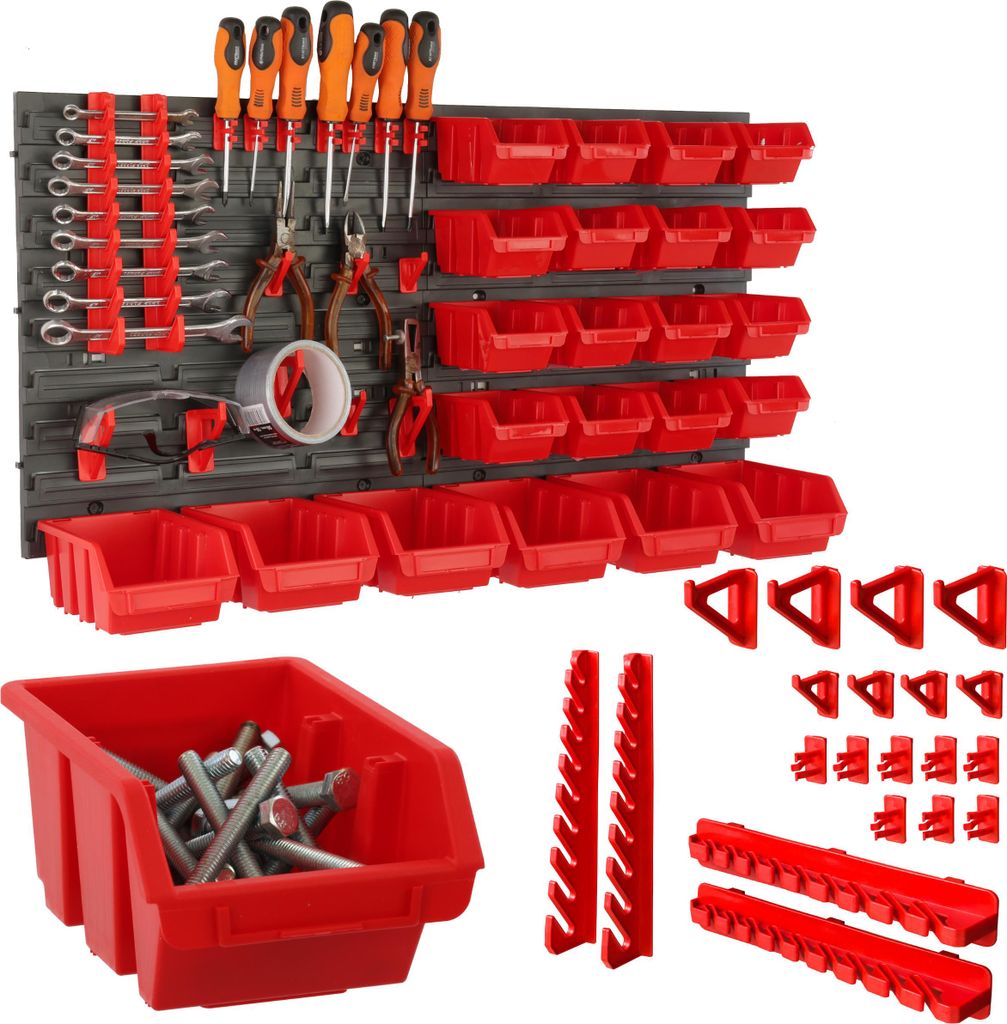 botle Werkzeugwand Lochwand aus Kunststoff, Stapelboxen + Wandregal + Werkzeughalter 44-teiliges Set, Kleinteilelager 77 x 39 cm, Wandwerkstatt m...