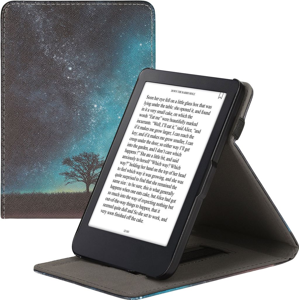 kwmobile Hülle kompatibel mit Kobo Clara 2E / Tolino Shine 4 Hülle - Case mit Schlaufe und Ständer - Galaxie Baum Wiese Blau Grau Schwarz
