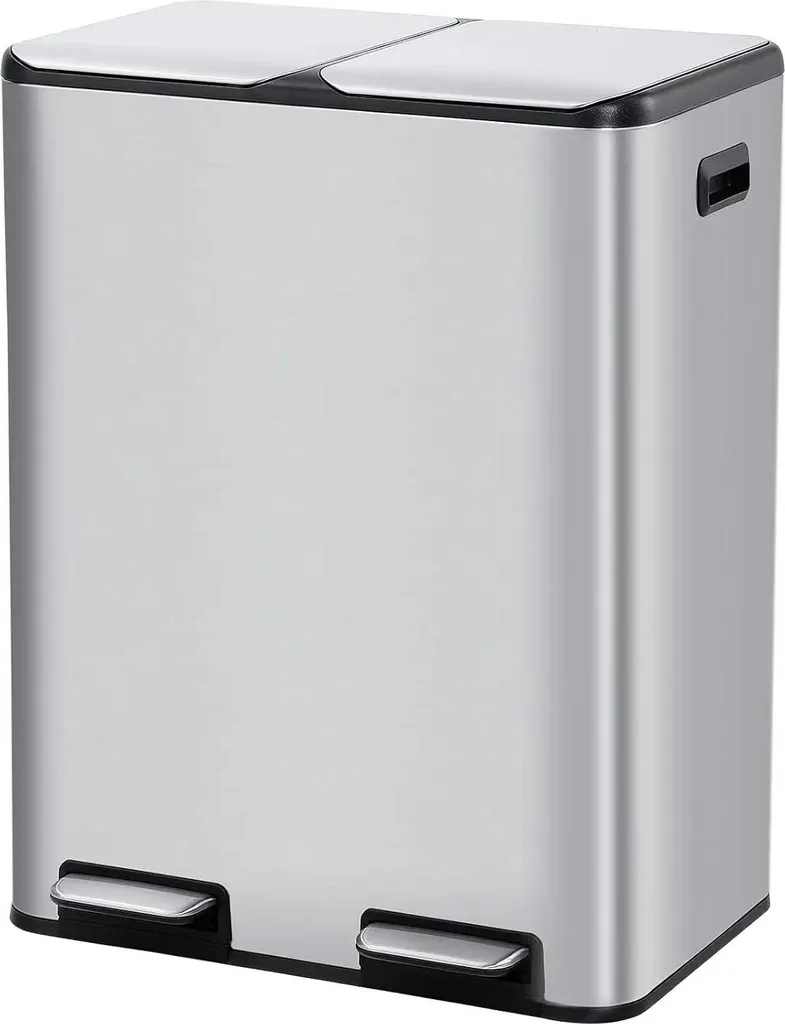Poubelle double 60L pour recyclage cuisine, tri facile acier inoxydable