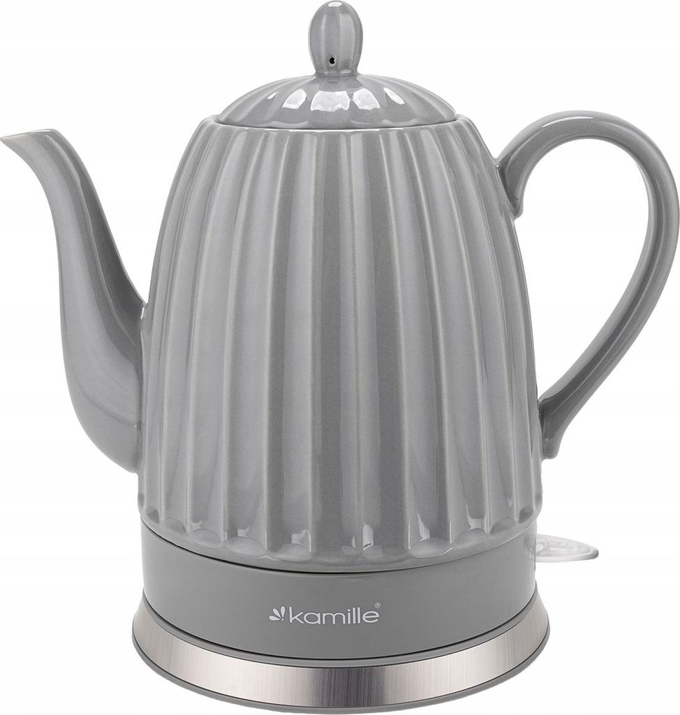 A studio shot of a gray electric kettle.